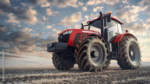 A red tractor with large wheels driving in a field with a beautiful sky in the background 