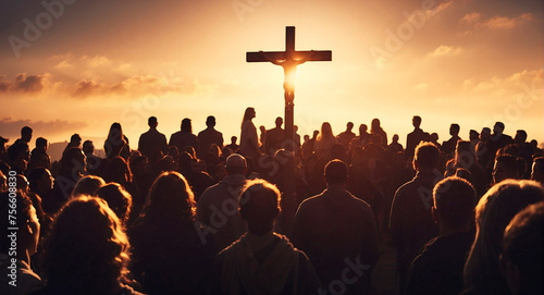 At Sunset People Gathered, Worshiping the Cross in Silhouette