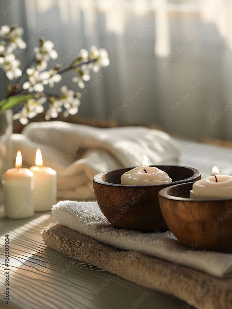 Relaxing Spa Ambience with Towels, Flowers, and Soap Dispenser