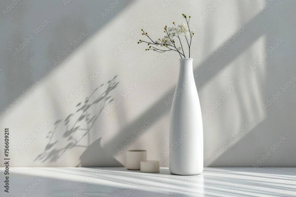 Minimalist scene with a white thin vase and a small amount of flowers or plants in it on the background of a light wall with shadows and space for text or inscriptions
