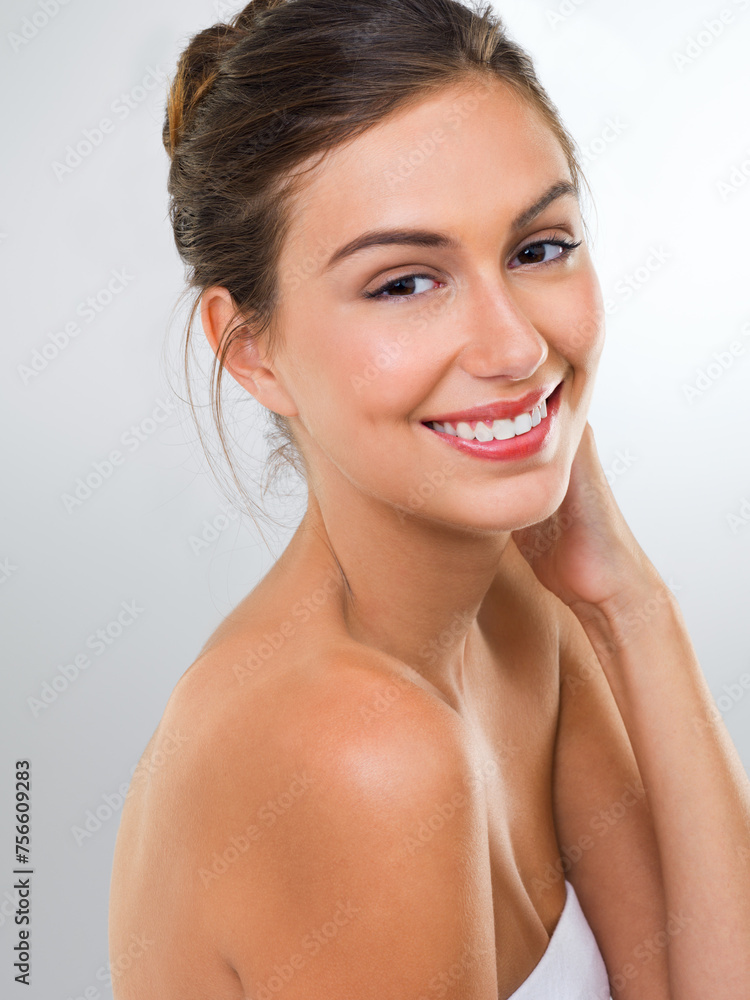 Woman, face and skincare with dermatology for beauty, smile with shine and antiaging on white background. Happy in portrait, cosmetic care and healthy skin glow with headshot and makeup in studio Woman, face and skincare with dermatology for beauty, smile with shine and antiaging on white background. Happy in portrait, cosmetic care and healthy skin glow with headshot and makeup in studio