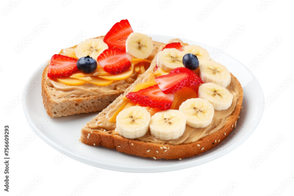 Whole Grain Bread with Banana Peanut Butter Served with fresh fruits isolated on transparent background.