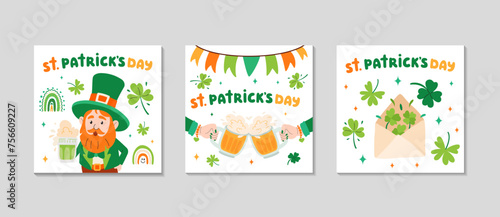St. Patrick s day cards set. Greeting post background for Social media. Holidays square invitation.