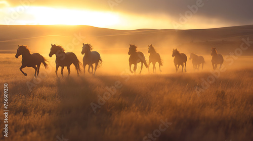 Silhouetted Horses Running at Sunrise in a Misty Field