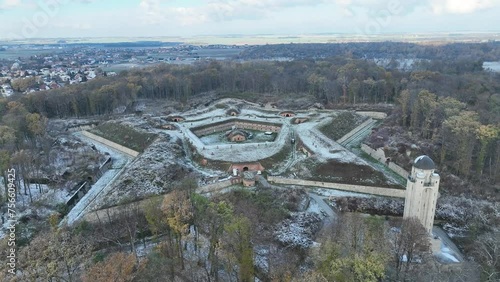 Aerial drone view of Nysa Stronghold early modern defensive systems. Fort nysa. Prussian fortress nysa in Opole. Fort Prussia, erected on the hills of the northern bank of the Nysa Klodzka river.	 photo