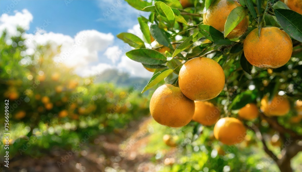 Close-up of ripe oranges hanging on a tree in an orange plantation garden 1 Close-up of ripe oranges hanging on a tree in an orange plantation garden 1