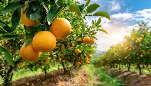 Close-up of ripe oranges hanging on a tree in an orange plantation garden 1