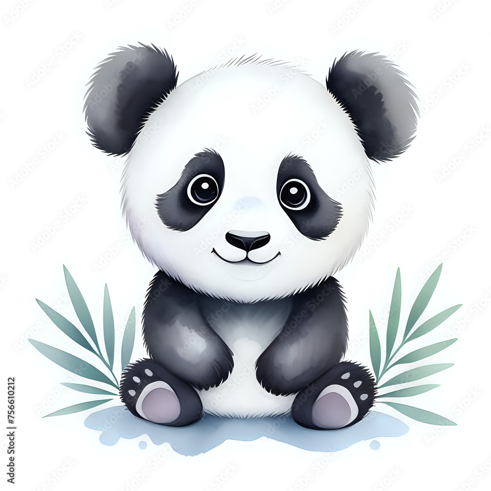 Naklejka premium Cute little panda with watercolor illustration - generated by ai