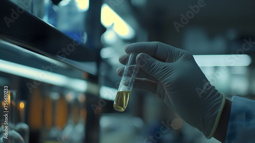 Gloved Hand Holding a Test Tube in a Laboratory Setting