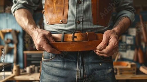 closeup hand working process leather handcraft in the leather workshop. Man holding crafting tool and working. He is sewing to make a walet. Tanner in old tannery.