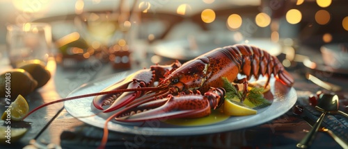 Elegant dinner setting with lobster, wine, and salad under soft lighting, creating a romantic and luxurious atmosphere.