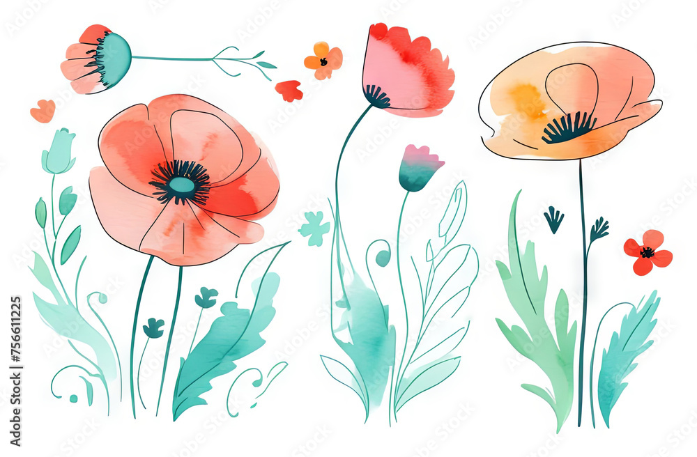  Meadow wild blossom set, field blooming plants clip art. Green buds and leaves. Red poppy flower watercolor illustration collection. Red petals black stamens poppy flowers isolated on white.