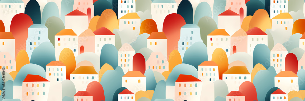 Obraz premium Seamless pattern with colorful town buildings, houses. Simple seamless horizontal background with summer city landscape in hand drawn geometric shapes, gradients. For wallpaper, wrapping paper