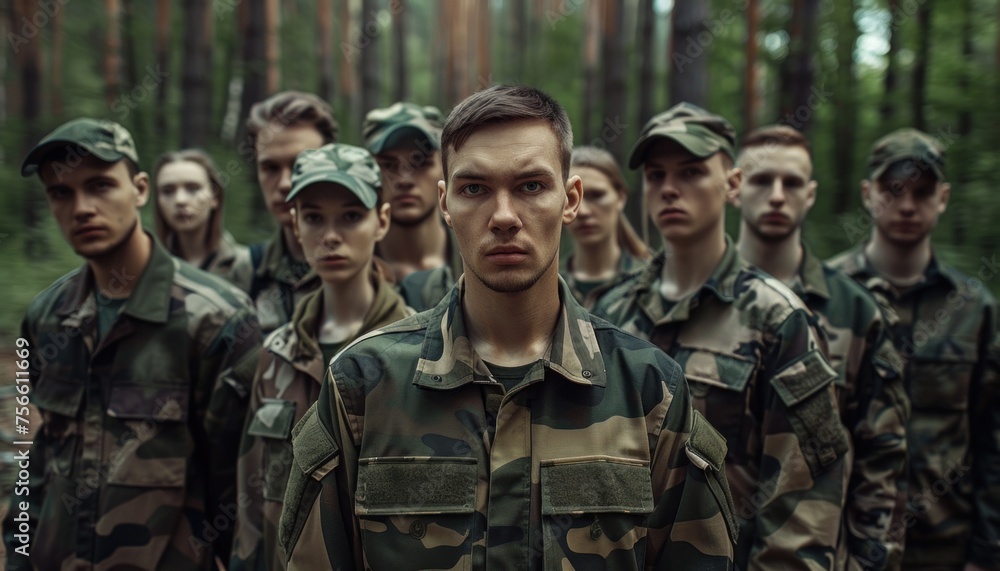 Determined military unit in forest camouflage formation Determined military unit in forest camouflage formation