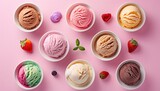Assorted ice cream scoops on pink background