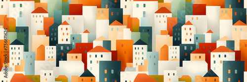 Seamless pattern with colorful town buildings, houses. Simple seamless horizontal background with summer city landscape in handdrawn geometric shapes and gradients. For wallpaper, wrapping paper