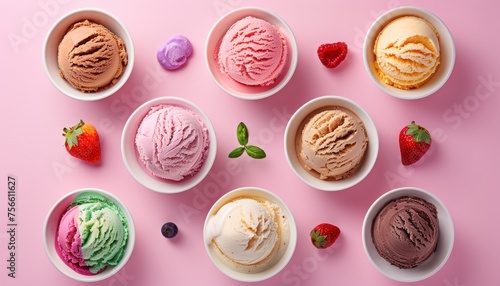 Assorted ice cream scoops on pink background