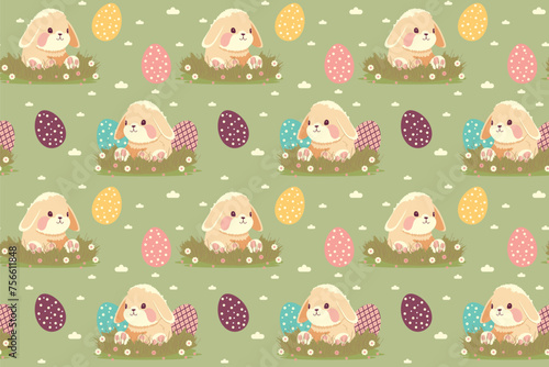 Easter background with bunny and eggs. Seamless pattern for the spring holiday. For deoration, invitation, packaging, fabric printing. photo