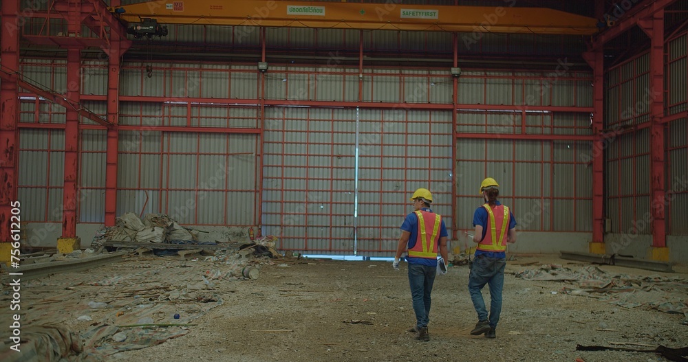 Two construction workers in yellow hard hats and reflective vests discussing stand amidst a large industrial site, examine a building site with structural steelwork in the background Two construction workers in yellow hard hats and reflective vests discussing stand amidst a large industrial site, examine a building site with structural steelwork in the background