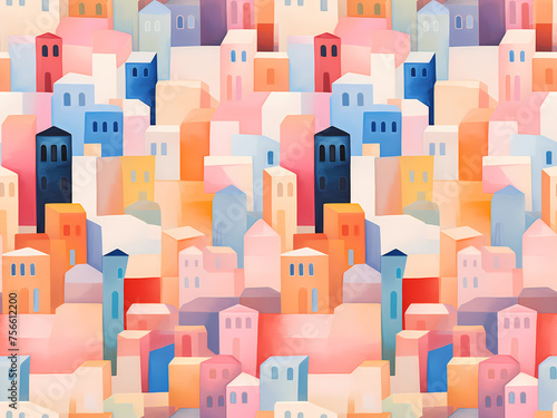 Watercolor seamless pattern with colorful buildings and skyscrapers. Cityscape background with houses in flat geometric shapes style. Summer city landscape illustration. For wallpaper  wrapping paper