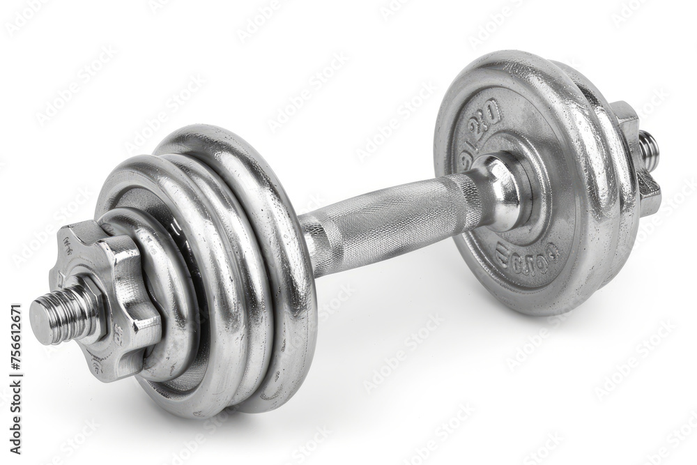 Fototapeta premium Silver dumbbell for biceps exercise isolated on white background close up 