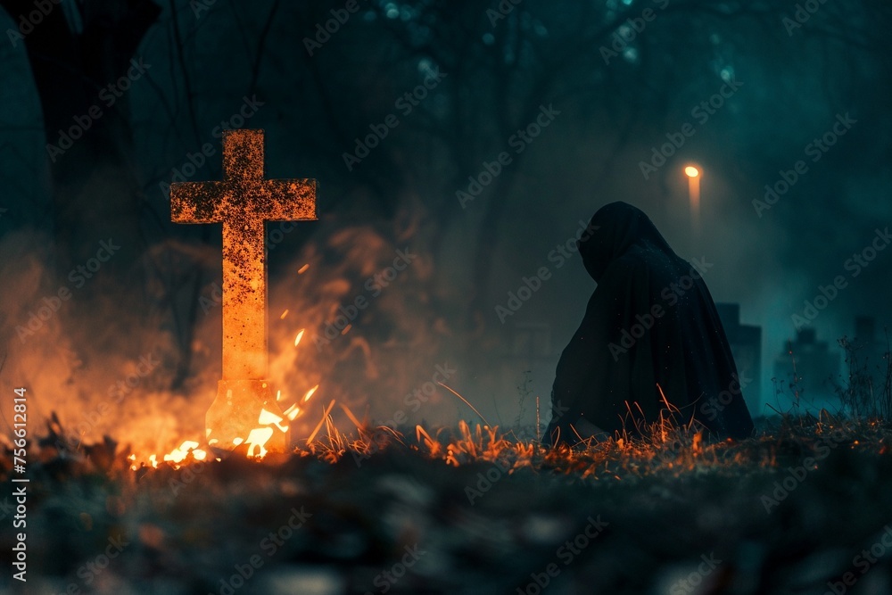 Kneel at the cross. Cloaked figure in a misty graveyard kneeling before ...