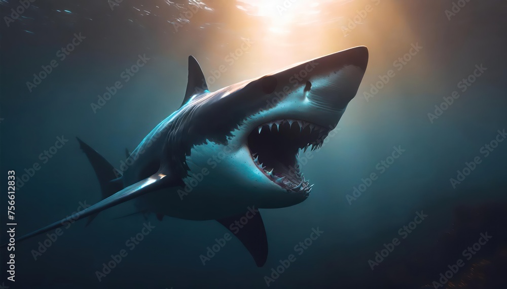 Ocean shark bottom view from below. Open toothy dangerous mouth with many teeth. Underwater blue sea waves clear water shark swims forward Ocean shark bottom view from below. Open toothy dangerous mouth with many teeth. Underwater blue sea waves clear water shark swims forward