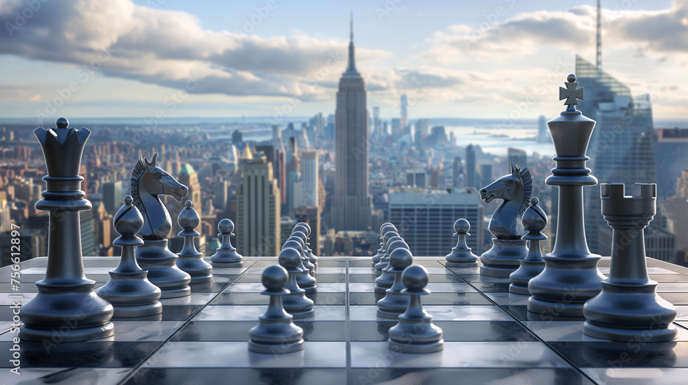 Visualize a captivating image the strategic thinking and business decision featuring chessboard against the backdrop of dynamic city skyline. - obrazy, fototapety, plakaty 