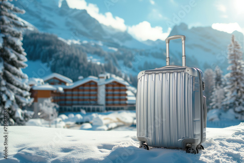 Silver travel suitcase in the snow against the background of a hotel in the mountains on a sunny day, winter holiday theme in the mountains
 photo