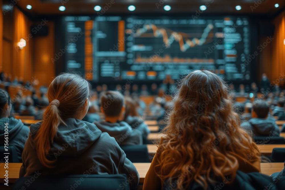 Students attentively watch a presentation in a lecture hall, with a focus on financial or market data Students attentively watch a presentation in a lecture hall, with a focus on financial or market data
