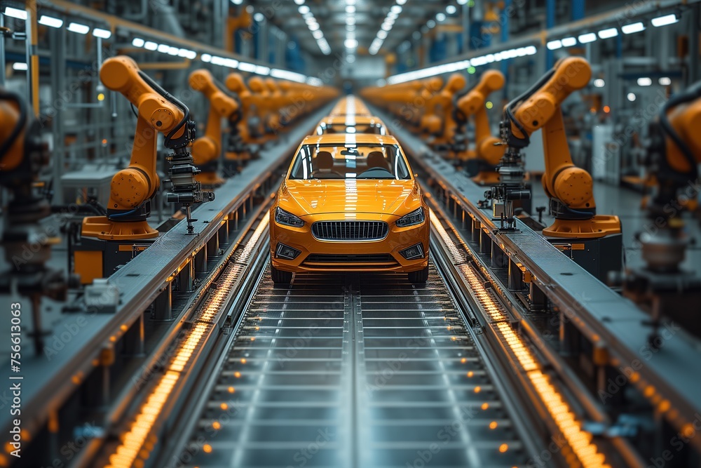 Naklejka premium A shiny orange car passes through an assembly line with multiple robot arms, depicting cutting-edge automotive manufacturing