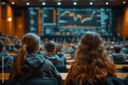 Students attentively watch a presentation in a lecture hall, with a focus on financial or market data