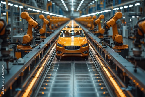 A shiny orange car passes through an assembly line with multiple robot arms, depicting cutting-edge automotive manufacturing