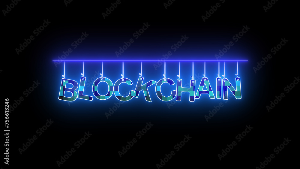 Neon sign with word BLOCKCHAIN glowing in blue and purple hues on a dark background.