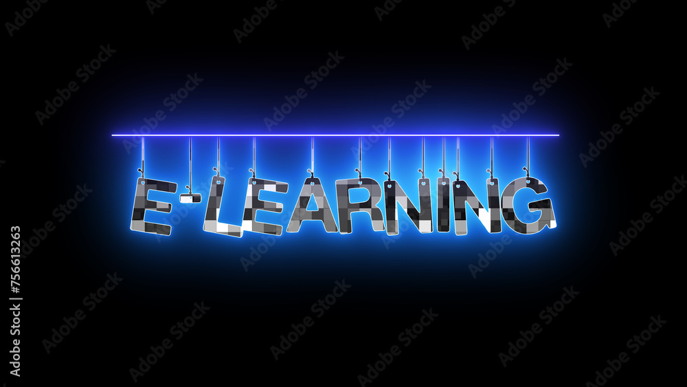 Neon sign with words E-LEARNING glowing in blue animated on dark background.