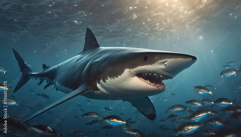 Fototapeta premium Ocean shark bottom view from below. Open toothy dangerous mouth with many teeth. Underwater blue sea waves clear water shark swims forward
