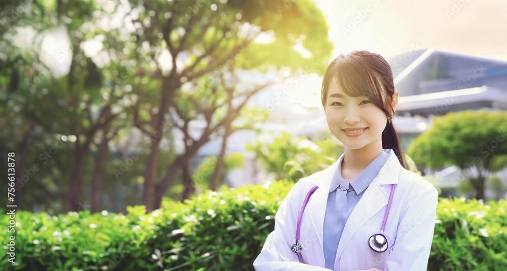 Smiling face of healthcare: asian women doctor, dressed in medical attire, smiling in a sunlit green garden of a hospital (with big copy space) Smiling face of healthcare: asian women doctor, dressed in medical attire, smiling in a sunlit green garden of a hospital (with big copy space)