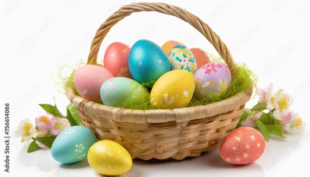 aster basket filled with colorful eggs isolated on white background. Easter celebration 