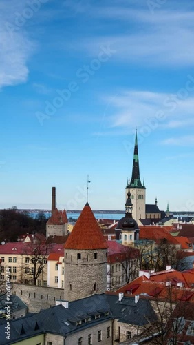 Timelapse of aerial view of Tallinn Medieval Old Town in day with blue sky, Estonia photo