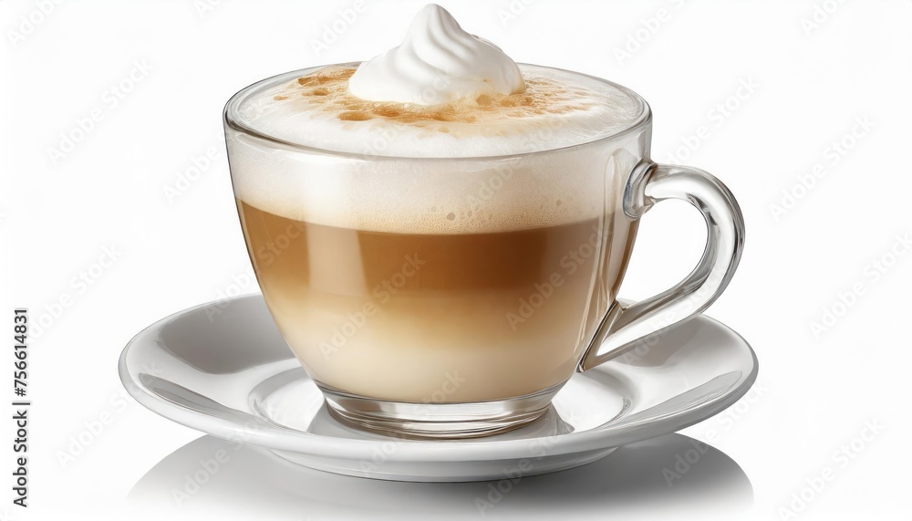 Frothy coffee cappuccino with whipped milk cap in transparent glass mug isolated on white background Frothy coffee cappuccino with whipped milk cap in transparent glass mug isolated on white background