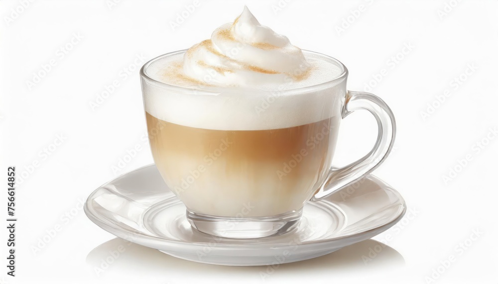 Frothy coffee cappuccino with whipped milk cap in transparent glass mug isolated on white background Frothy coffee cappuccino with whipped milk cap in transparent glass mug isolated on white background