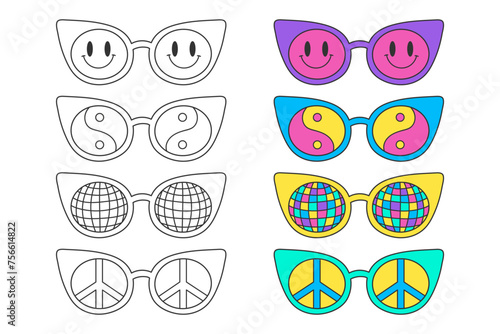 Cute coloring page, 70s style cat eye hippie sunglasses. Neon colors and outline doodle elements on a white, a simple illustration for children. Print with peace sign, disco ball, smile, yin yang.