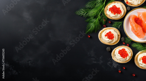 Snack Plate. Holiday Table. Salmon and Red Caviar Canapes . Sandwiches with Salmon and Red Caviar. © PaulShlykov