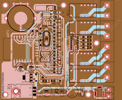 Vector printed circuit board of an electronic 
device with components of radio elements, 
conductors, contact pads placed on it. 
Engineering technical drawing. Pcb pattern. Electric background. 