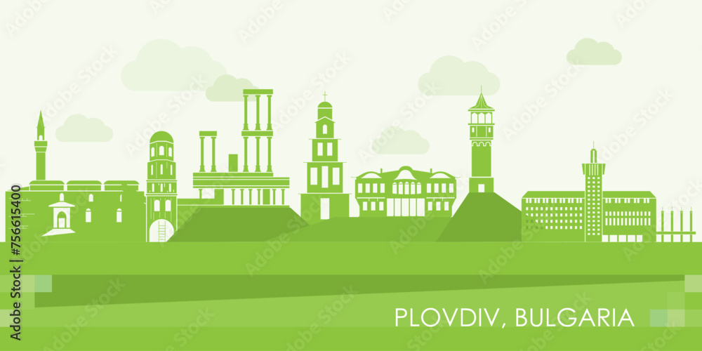 Green Skyline panorama of city of Plovdiv, Bulgaria - vector illustration