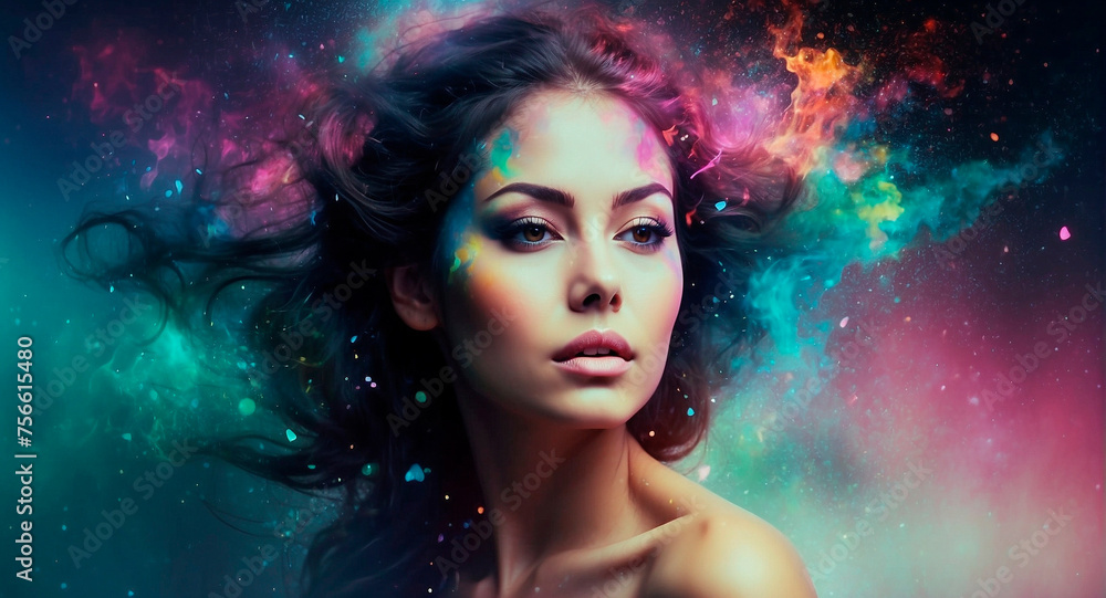 Fototapeta premium Fantasy Abstract Stunning Double Exposure Portrait of a Woman with Colorful Digital Paint Splash or Space Nebula
