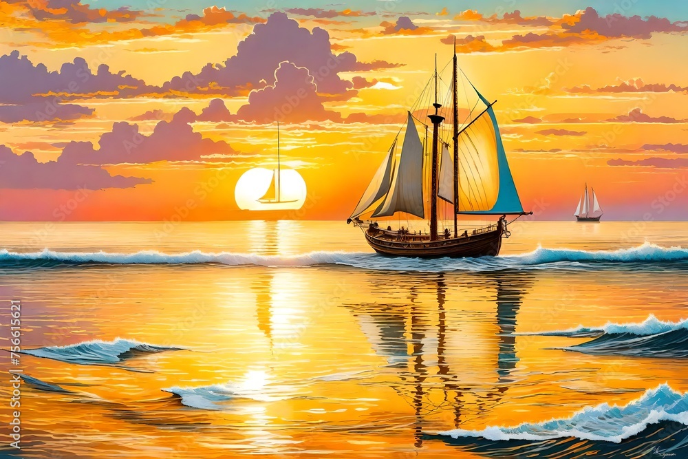 boat at sunset, Set sail on a voyage of discovery with an ancient sailboat gliding gracefully across the sea at sunrise, in celebration of Columbus Day