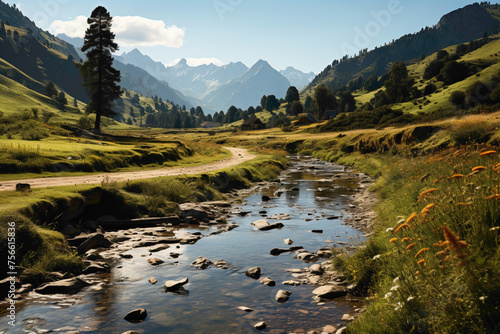 A fantastic road meandering through a serene valley, surrounded by lush greenery and colorful wildflowers, with a clear, babbling river on one side.
