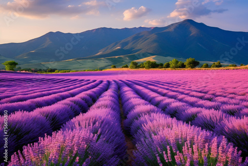 A field of lavender in full bloom, stretching towards distant purple-hued mountains