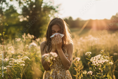 female person in a field blowing her nose, person with allergies standing in a field, person with pollen allergy blowing his nose 